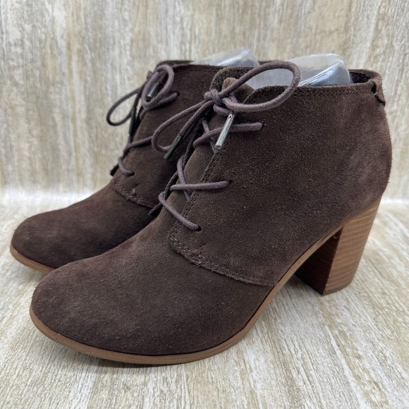 TOMS Lunata Ankle Boots Womens Size 8.5 Chocolate Brown Suede Lace-up‎ Booties - Picture 1 of 11